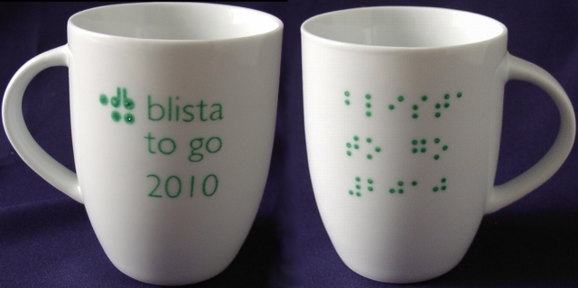 Werbetasse mit Brailleprint.. Tasse bedruckt mit Brailleschrift…