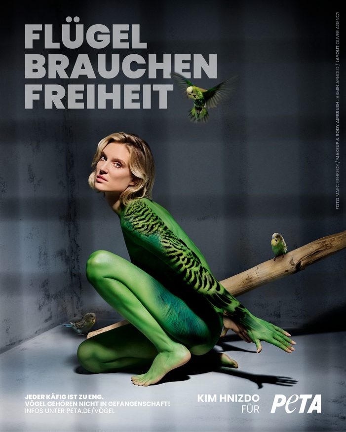 Model und Moderatorin Kim Hnizdo verwandelt sich in einen Wellensittich: farbenfroher Hingucker mit ernstem Hintergrund