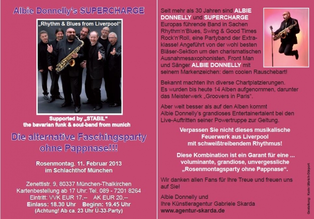Albie Donnelly–s SUPERCHARGE am Rosenmontag live im Münchner Schlachthof