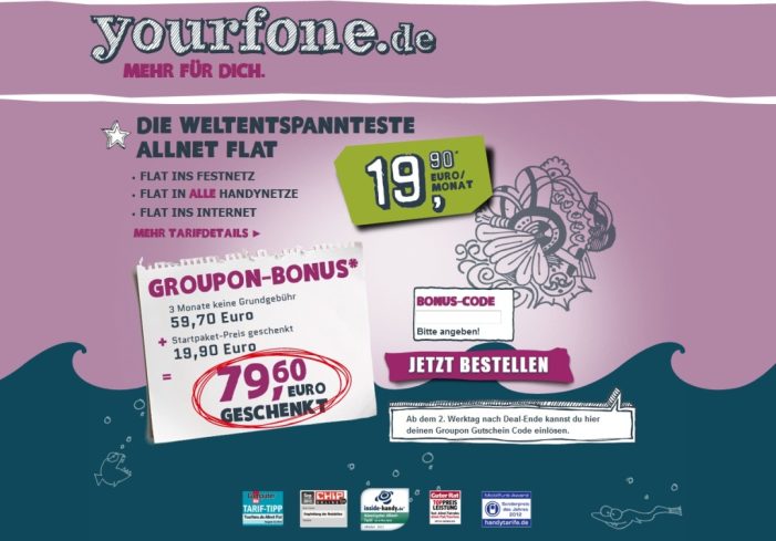 Neue Timings für yourfone.de Groupon Deals: Drei Monate Grundgebühr und Startpaket-Preis geschenkt