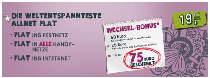 yourfone.de verlängert Wechsel-Bonus Aktion auf myvoucher.de: Jetzt bis zu 75,00 Euro als Willkommensgeschenk