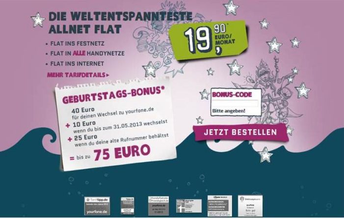 yourfone.de feiert ersten Geburtstag und spendiert einen saftigen Bonus von bis zu 75,00 Euro