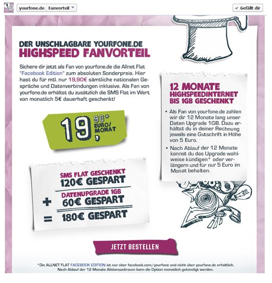 yourfone.de schnürt neues Angebot für Fans: ?Facebook Edition? ab sofort mit 1GB Upgrade for free